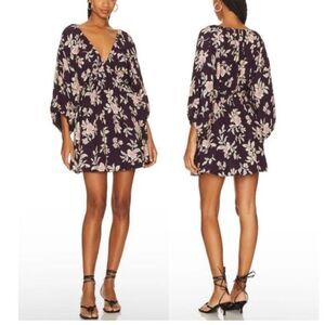 Free People Portia Floral Boho Mini Dress Purple Small Linen Blend Cottagecore